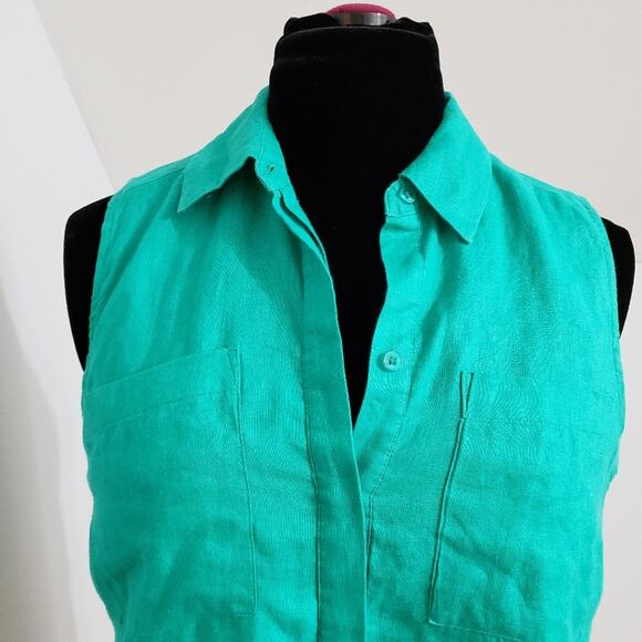 Chico's Green Sleeveless 100% Linen Button Front Blouse Medium Petite - Picture 4 of 11